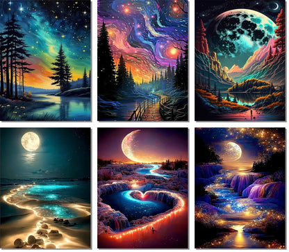 Meothan 6 Pack 5D Diamond Art Painting Kits for Adults Beginners DIY Round Full Drill Diamond Art Kits Moon Beach with Diamonds Gem Art Set for Home Wall Decor 12 x 16 Inch