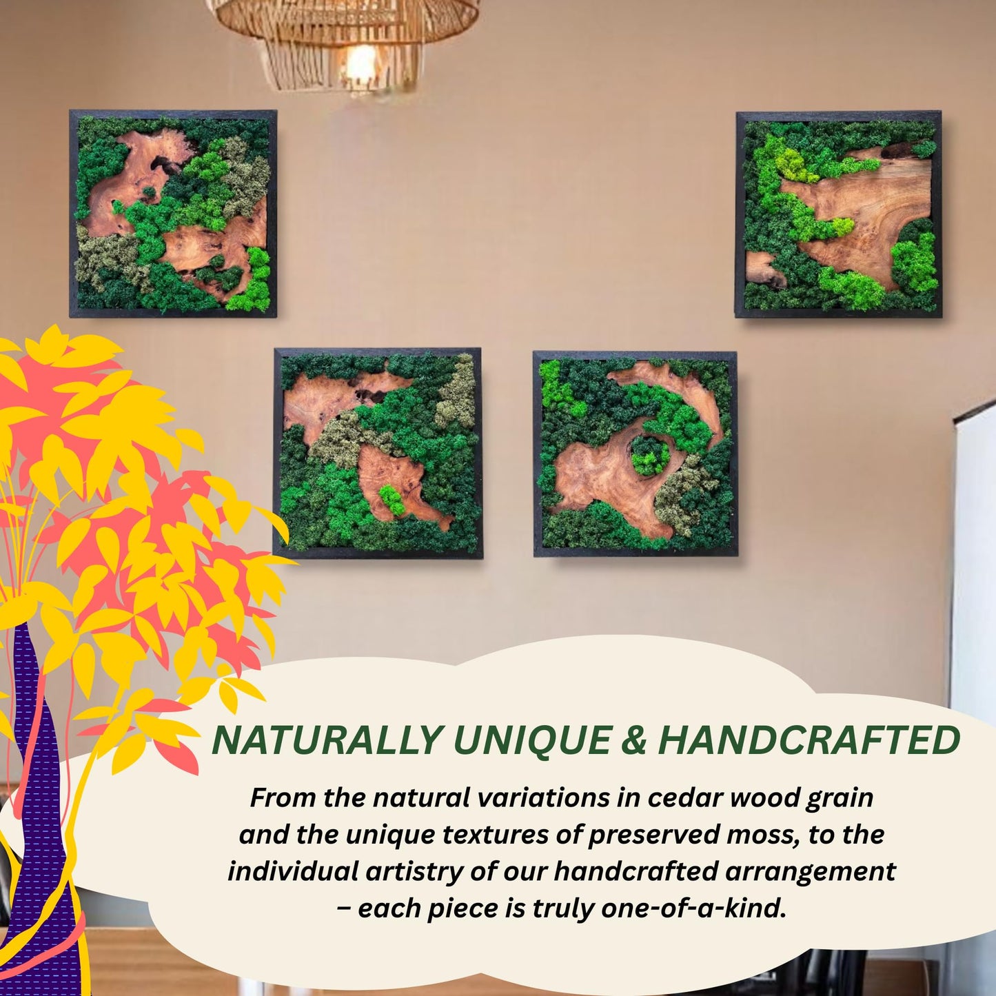 Serenzy 12" Square Cedar & Preserved Moss Wall Art | Unique No-Maintenance Decor for Home, Office, Restaurant, Natural Scattered Wood