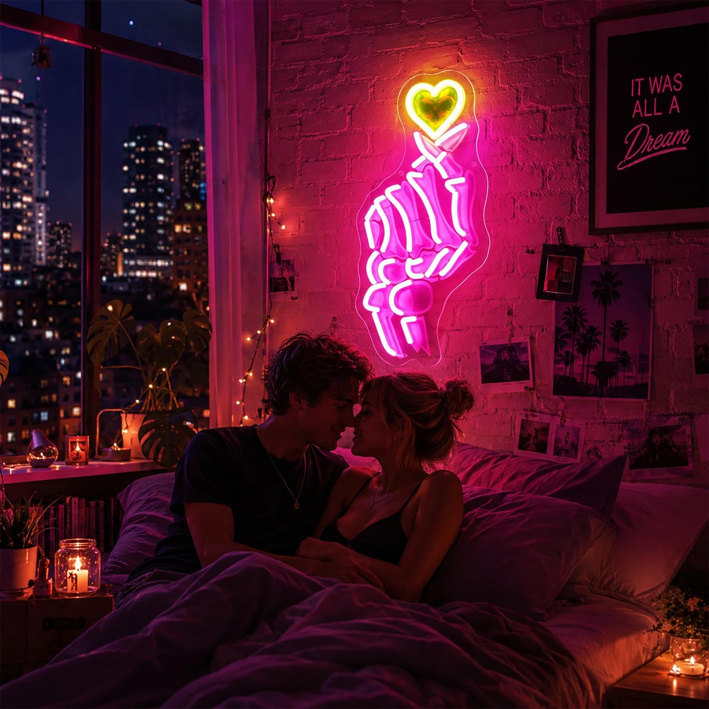 HSJNJKFU Pink & Yellow Neon Sign for Wall Decor Led Light Sign Neon Light for Room Party Home Wall Decor USB Powered - Skeleton Finger Heart