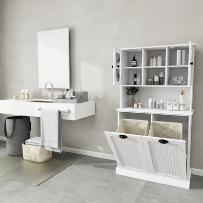 agnixnaf Two-Compartment Tilt-Out Dirty Laundry Basket Tall Bathroom Cabinet with 2 Adjustable Shelves-White