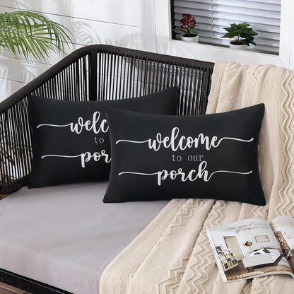 Welcome to Our Porch Outdoor Pillow Covers: Set of 2 Decorative 12x20 Covers for Porch and Patio Furniture.