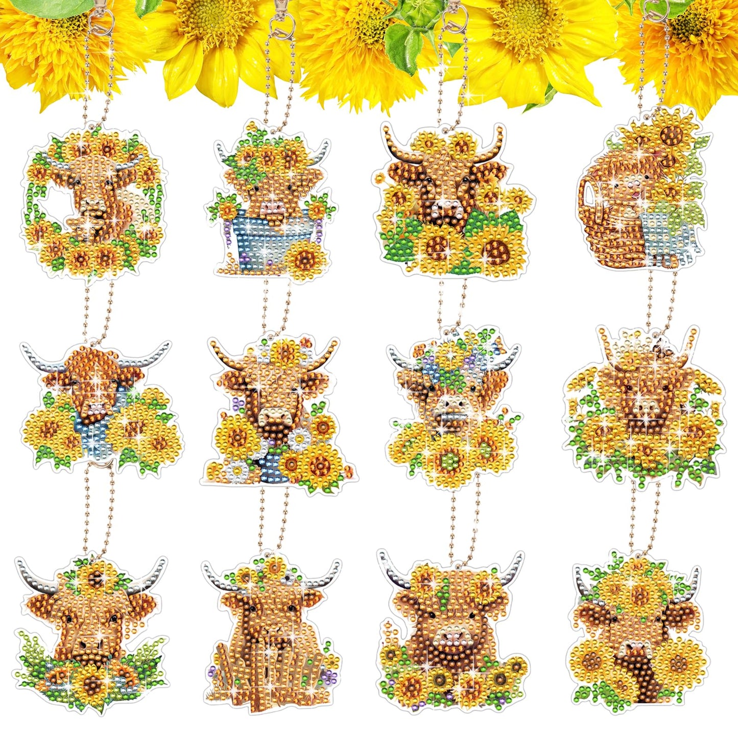 Highland Cow Diamond Painting Keychains - 12PCS 5D Diamond Art Painting Keychains Kits Cow Diamond Painting Art Acrylic Hanging Pendant DIY Diamond by Numbers Keychain DIY Crafts Kits for Teen Adults