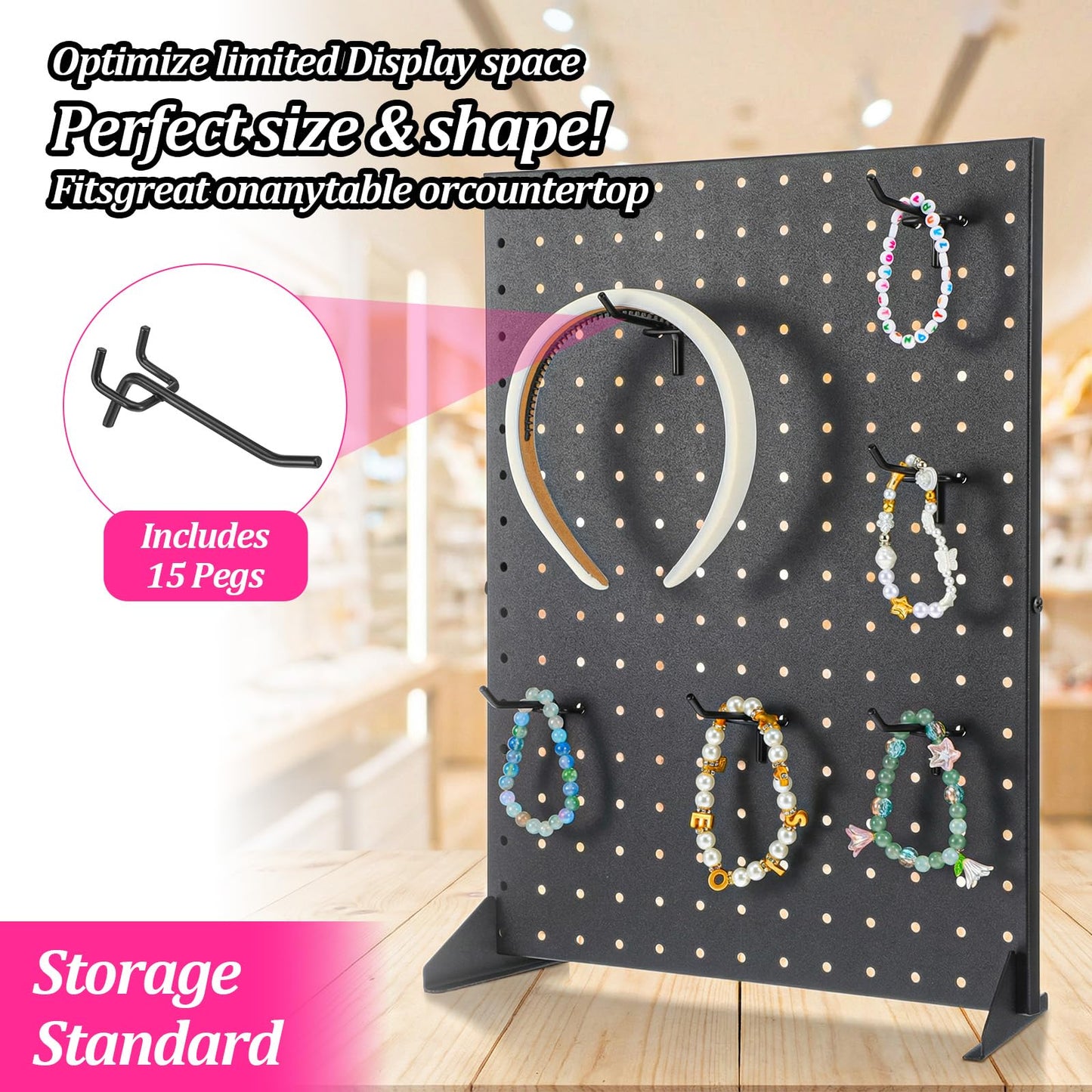 Xaajooio Metal Pegboard Display Stand with 15 Hooks 17x13 Inch Black Tabletop Retail Ornament Display Rack for Jewelry, Accessories, Keychains, Craft Shows, Vendors, Boutiques, and Events