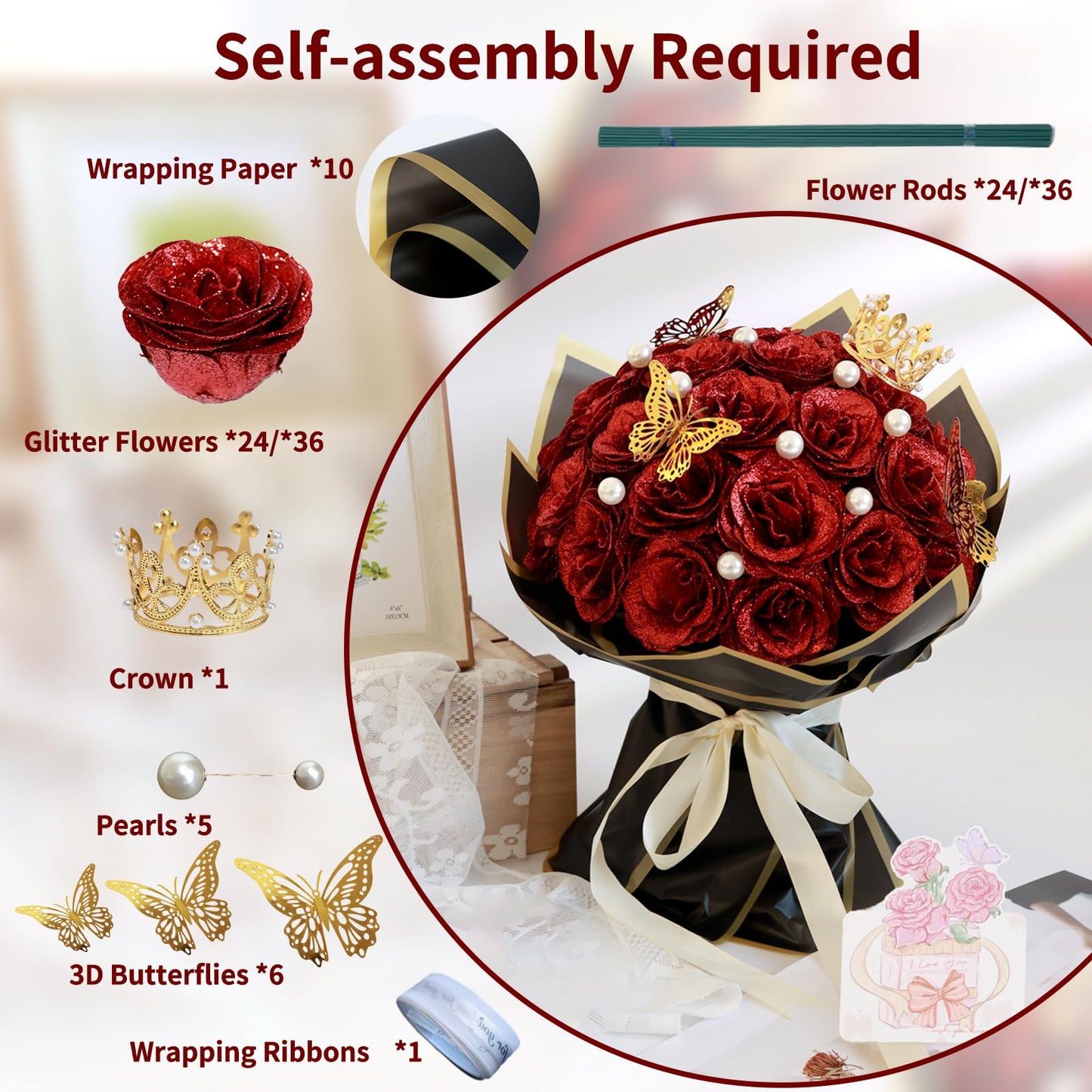 jabeick Glitter Roses Bouquet, Shiny Artificial Roses Flowers with Stems DIY Fake Glitter Flowers Bouquet for Valentines Mothers Day Graduation Birthday Anniversary, 24 Roses (Red)