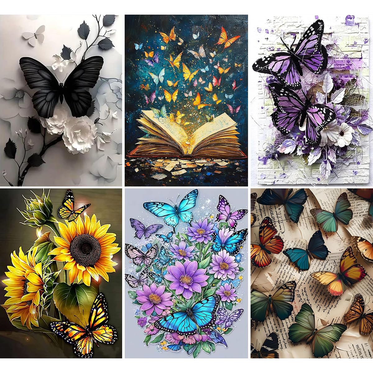 ARTISTKISS 6 Pack Butterfly Diamond Art Kits for Adults - 5D Diamond Painting Kits for Beginner,DIY Flowers Round Full Drill Paintings with Diamonds Gem Art for Adults Home Wall Decor Gifts 12x16inch