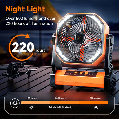 Camping LED Fan with Light, 20000mAh Rechargeable Battery Powered Outdoor Tent Fan, 4 Speed