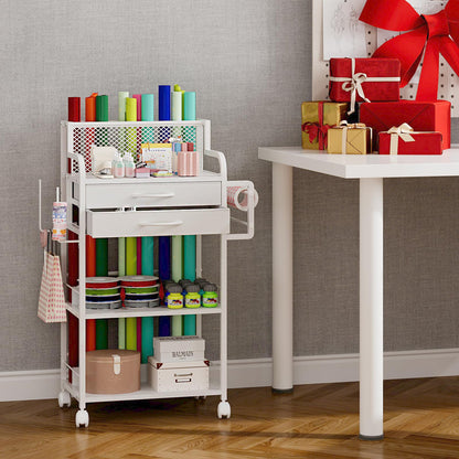 Rolling Craft Storage Cart with 2 Fabric Drawers & Lockable Wheels, Wrapping Paper & Gift Wrap Organizer with Ribbon & Tape Holder for Craft Supplies