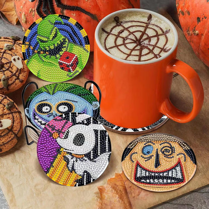 6 Pcs 5D DIY Diamond Art Painting Christmas Cartoons Coasters with Holder,DIY Coaster Diamond Art Kits for Adults Beginners, Round Full Drill Diamond Art Craft Supplies QLBD-06