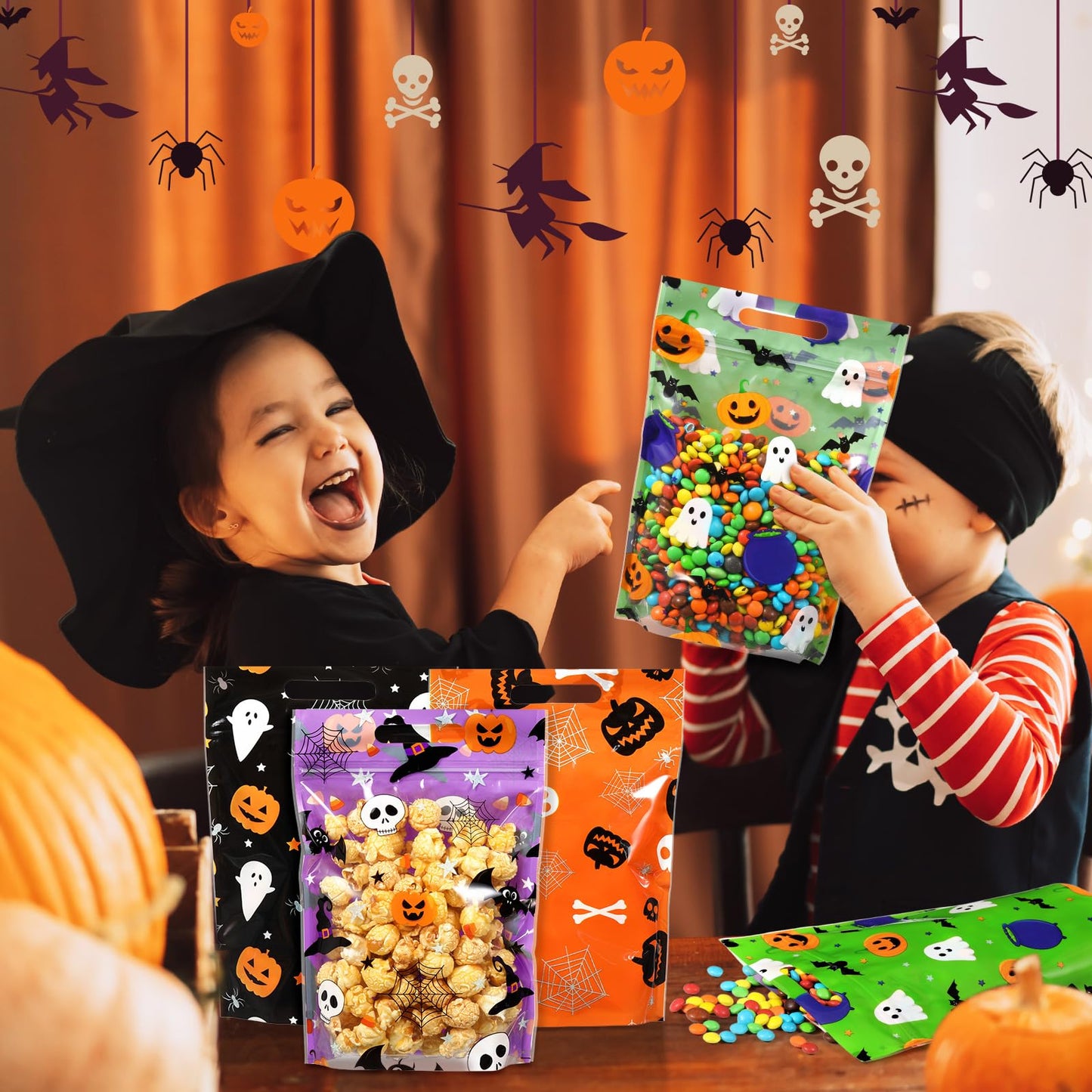 Resholder 60 Pcs Halloween Treat Bags Bulk Plastic Bags with Handle Pumpkin Witch Hat Ghost Candy Goodie Bag Halloween Party Favor Gift Bag for Kids Birthday Party Supplies