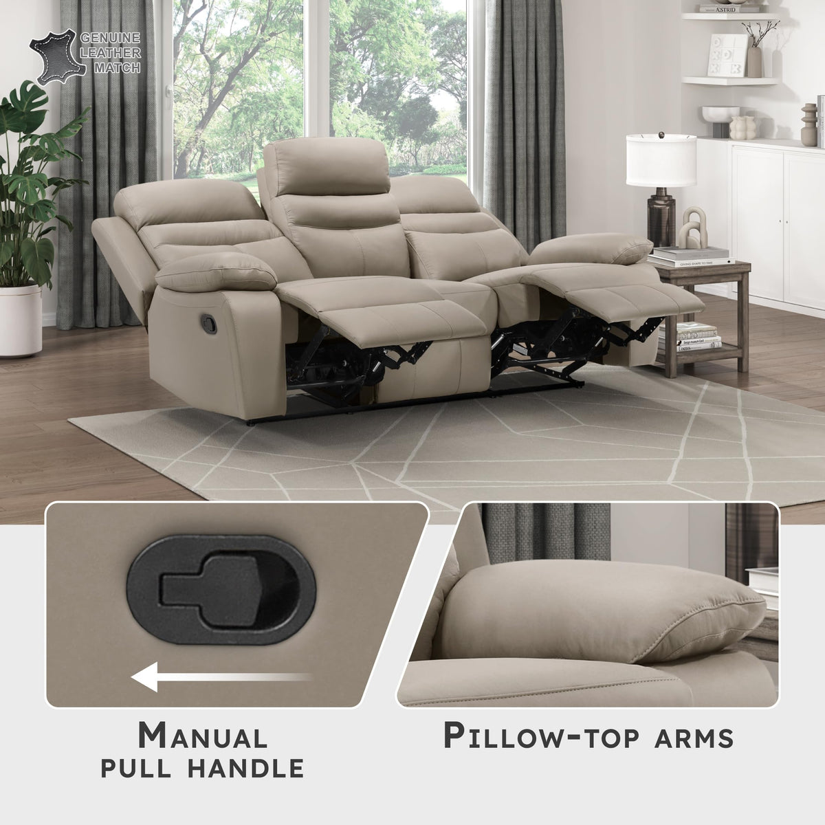 Lexicon 86.5" W Manual Reclining Sofa, Top Grain Leather Match Reclining Sofa, Home Theater Seating, Wall Hugger Recliner Couch, Manual Double Recliner RV Couch for Living Room, Latte