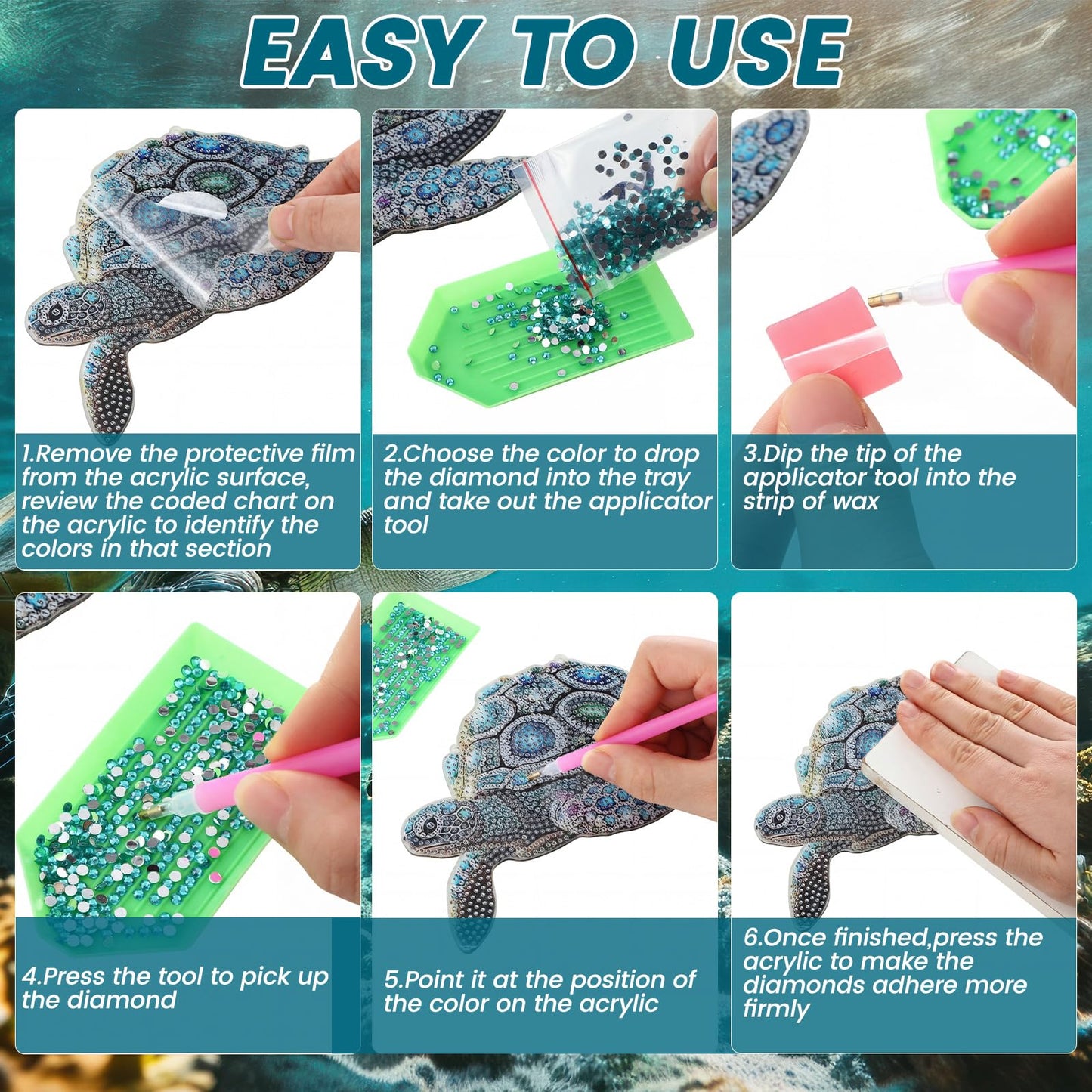 Xuhal 6 Pcs Sea Turtle Special Shape Diamond Art Kits for Adults 5D Diamond Painting Kits for Beginner DIY Hanging Pendant Ornament Crystal Paint Arts and Crafts Set for Home Wall Decor