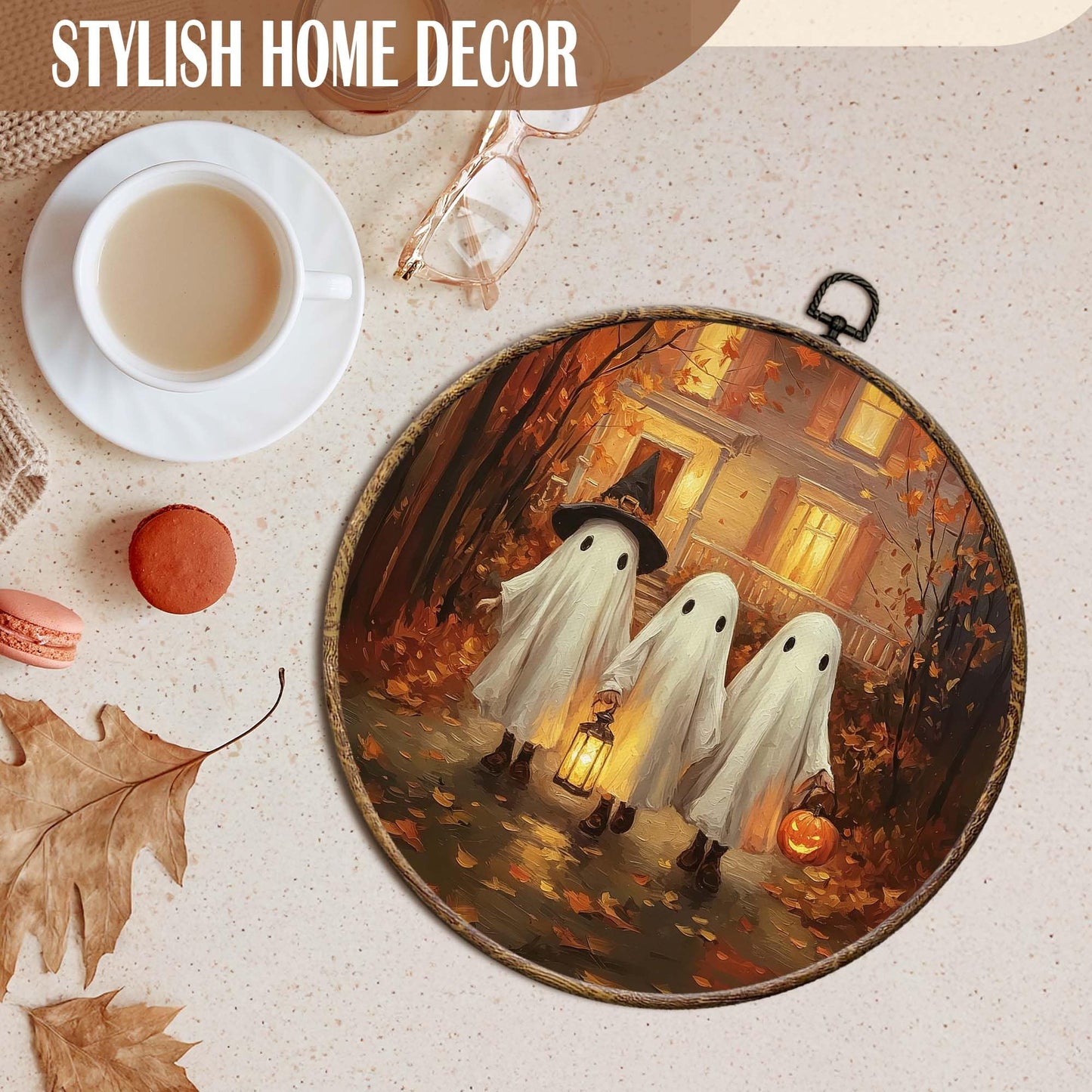 FSTCSV Fall Halloween Ghost Round Wall Art Framed, Fall Leaves Pumpkin Ghosts Canvas Prints Wall Hanging Art, Spooky Cute Witch Hat Ghost Autumn Circle Walls Decor for Home Bedroom, 10x10in