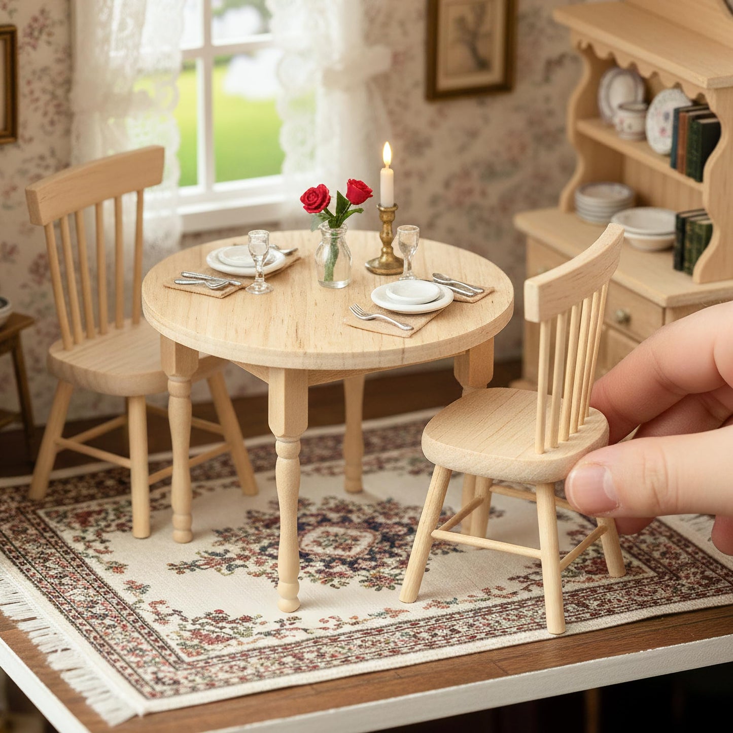 1/12 Miniature Dollhouse Round Table and 2 Chairs Dining Set, Mini Wooden Unpainted Burlywood Barbie Kitchen Furniture Accessories