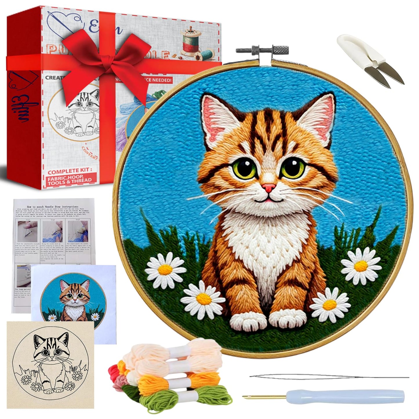 Eflin Punch Needle Kits Adults Beginner - Needlepoint Kits for Adults, Cute Cat & Daisy Pattern, Natural Bamboo Hoop, Yarns, Tools, Craft Kits for Beginners, Rare Gift for Crafts, Decors, Festivals