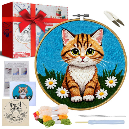 Eflin Punch Needle Kits Adults Beginner - Needlepoint Kits for Adults, Cute Cat & Daisy Pattern, Natural Bamboo Hoop, Yarns, Tools, Craft Kits for Beginners, Rare Gift for Crafts, Decors, Festivals