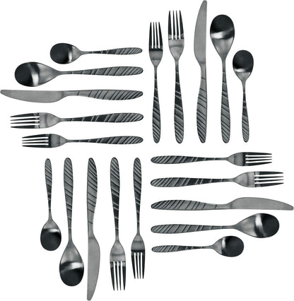 MegaChef La Vague 20 Piece Flatware Utensil Set, Stainless Steel Silverware Metal Service for 4 in Matte Black