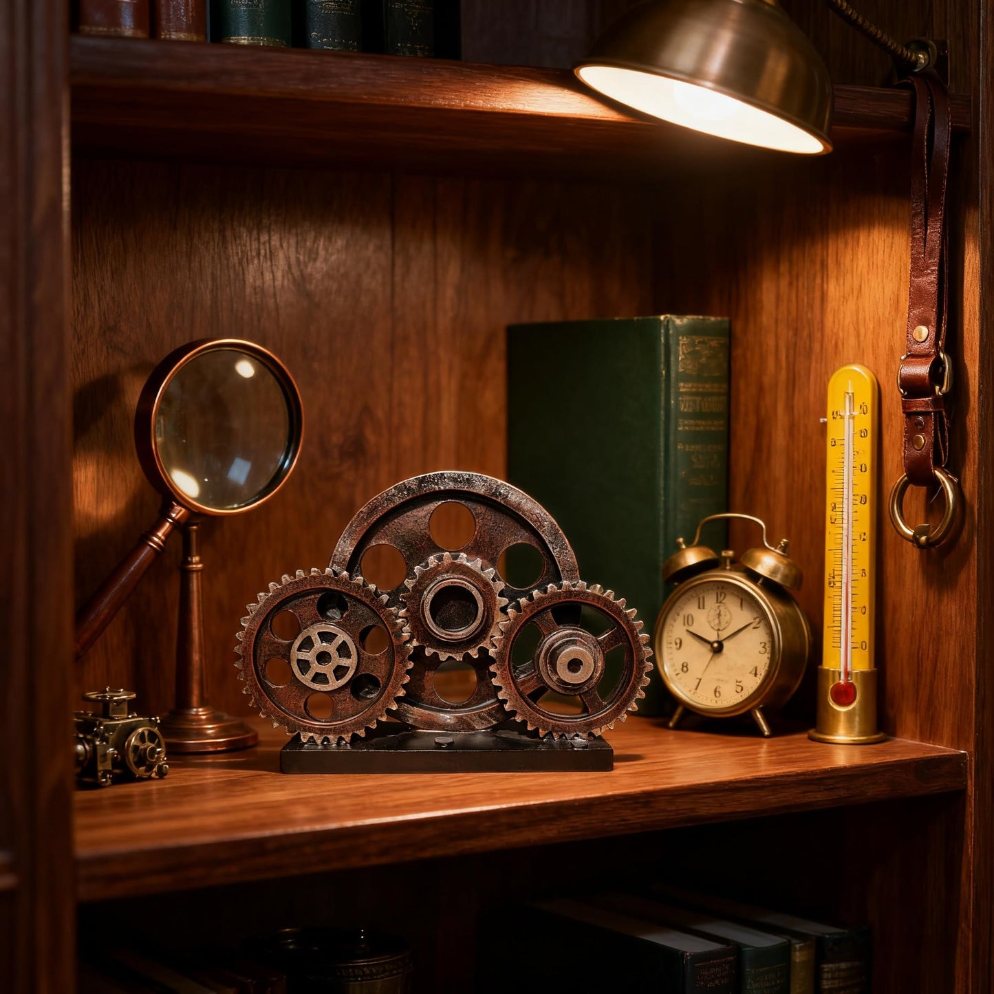 FMTITF Antique Copper Steampunk Gear Train Sculpture, Industrial Decor Statue for Bookshelf, Heavy Duty Resin Figurine with Mechanical Gears, Home Office Decor Gift for Men, Man Cave Collectible Art