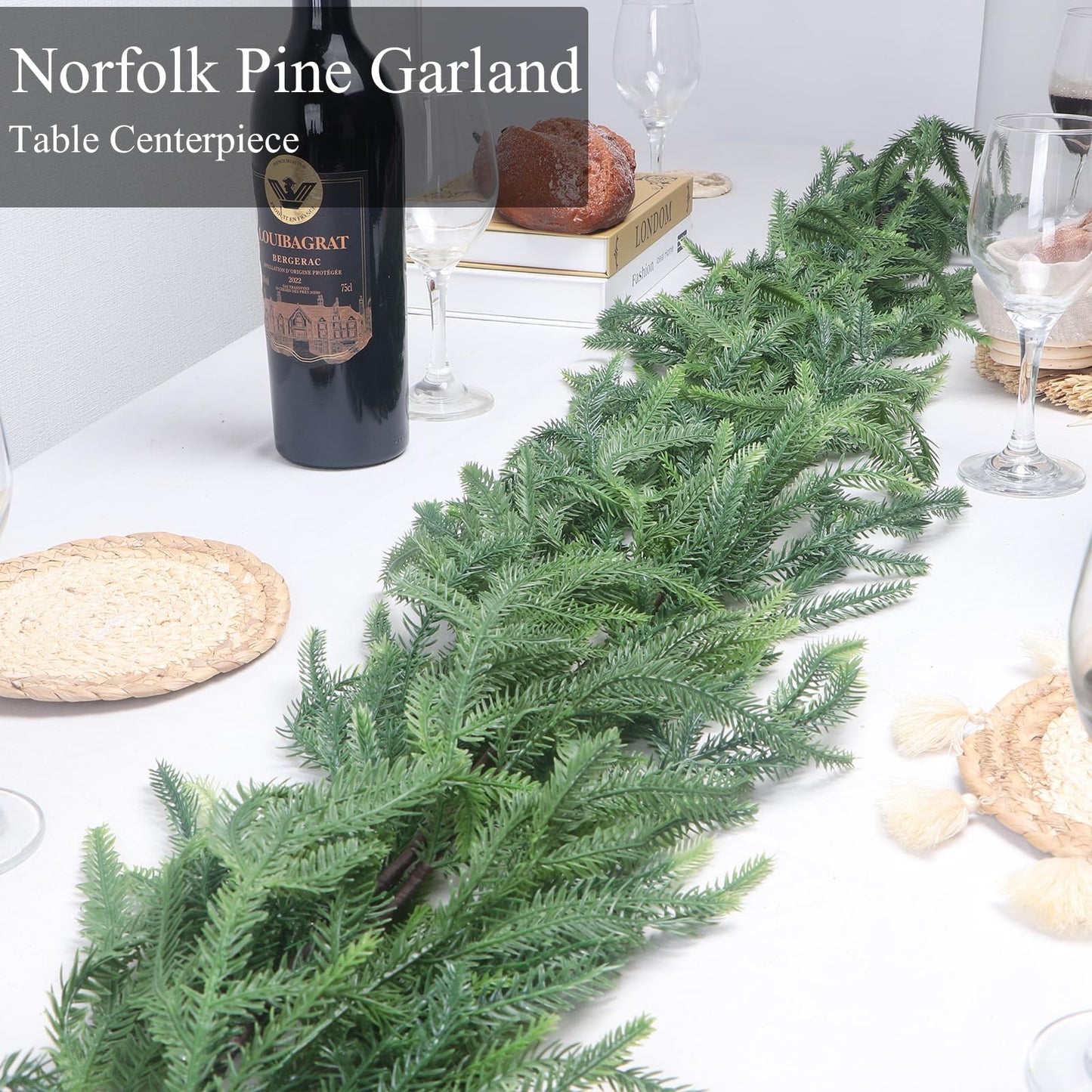 Norfolk Pine Garlands with Light String, 6Ft Artificial Soft Christmas Pine Garland, Green Real Touch Greenery Garland for Table, Mantle, Staires, Wall, Premium Indoor/Outdoor Christmas Decorations