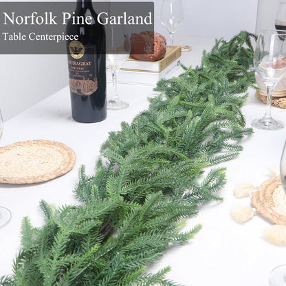 Norfolk Pine Garlands with Light String, 6Ft Artificial Soft Christmas Pine Garland, Green Real Touch Greenery Garland for Table, Mantle, Staires, Wall, Premium Indoor/Outdoor Christmas Decorations