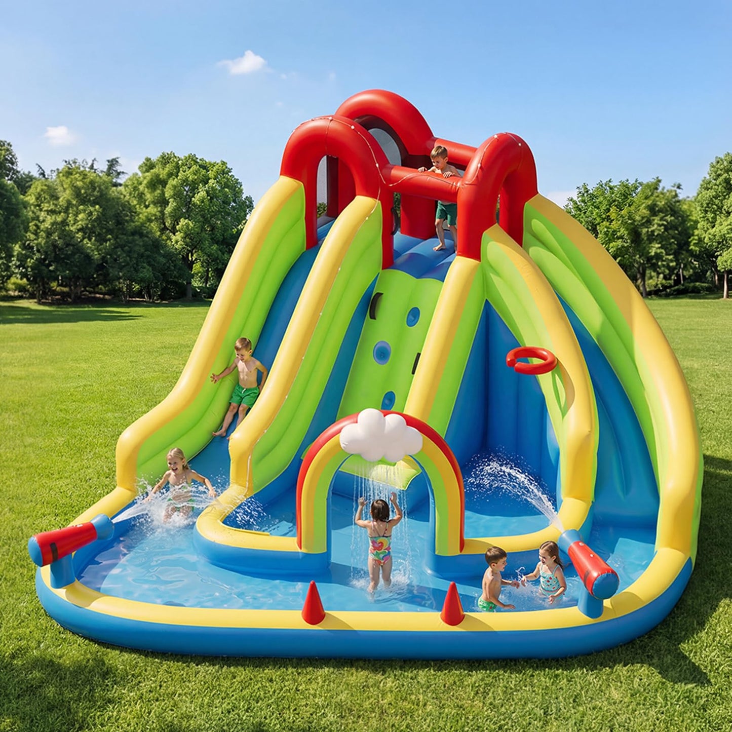 Sunswell Inflatable Water Slide, Blow Up Water Slides for Kids Backyard 6 in 1 Bounce House with 450w Blower, Water Park for Outdoor and Indoor, 15.68‘ x12.57'x86.68''