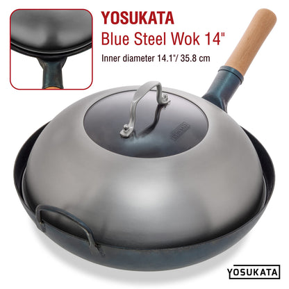 YOSUKATA Wok Lid 13.6 Inch - Premium Stainless Cover with Tempered Glass Insert Steam Holes - Dishwasher-Safe Lid for 14-Inch Wok - Chees Melting Dome for Griddle