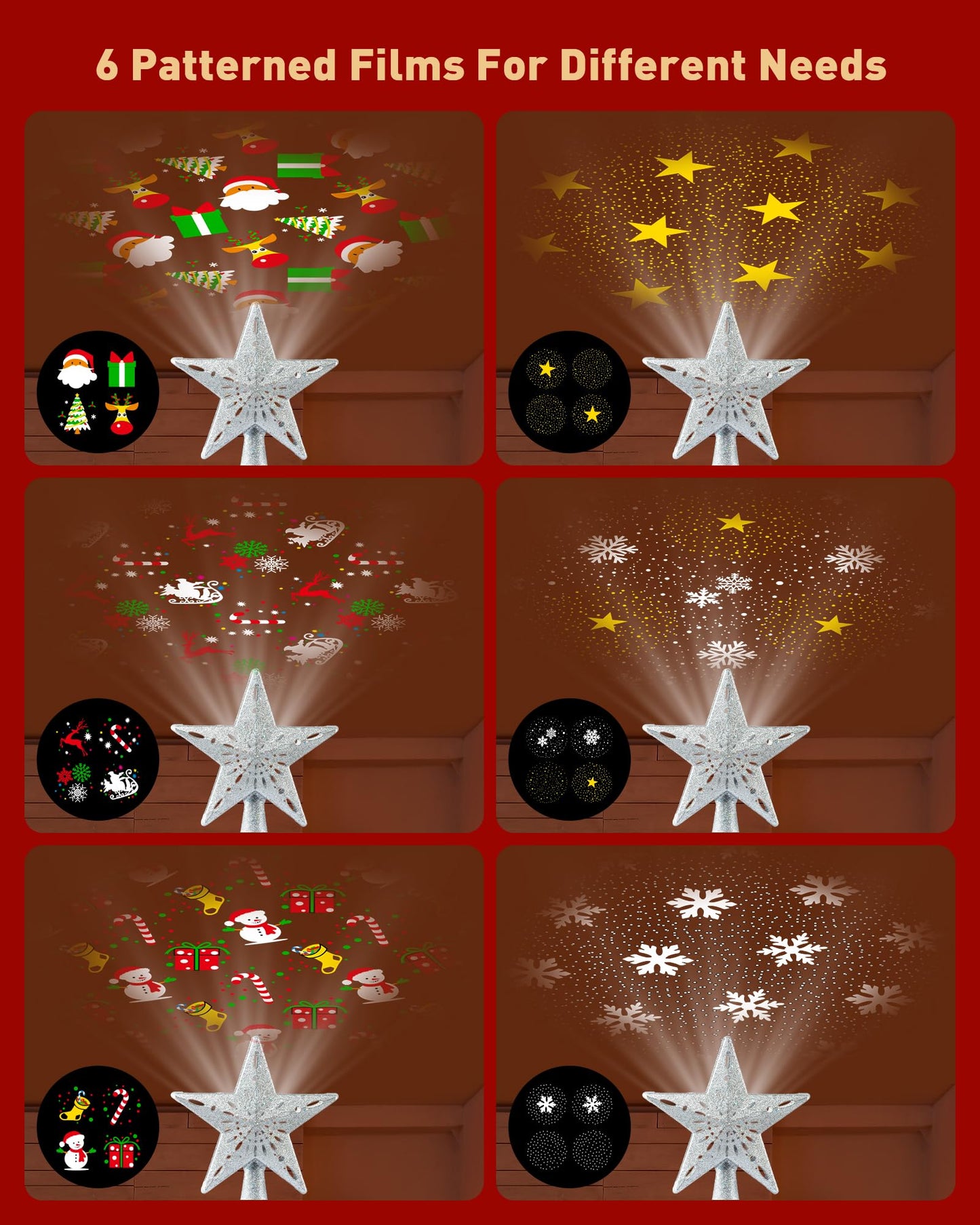 Christmas Tree Topper Lighted with 6 Patterns Projector, Christmas Star Tree Topper Built-in 3D Glitter LED Rotating Lights, Hollowed Christmas Tree Ornament for Xmas Party Holiday Decoration(Silver)