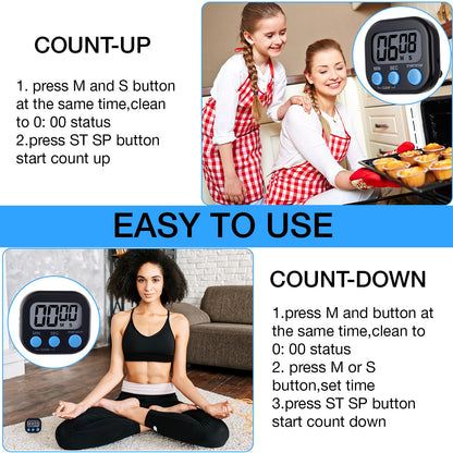 Leumoi 24 Pcs Digital Kitchen Timers Magnetic Back Timers Bulk Large Screen Loud Alarm On/Off Switch Minute Second Count up Countdown Memory Setting for Cooking Classroom Exercise(Black and Blue)