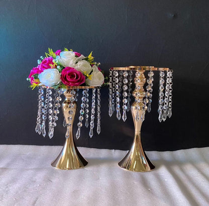 13"- 2pcs) Metal Wedding Centerpieces for Table, Crystal Flower Stands, Wedding Road Lead Flower Holders, Crystal