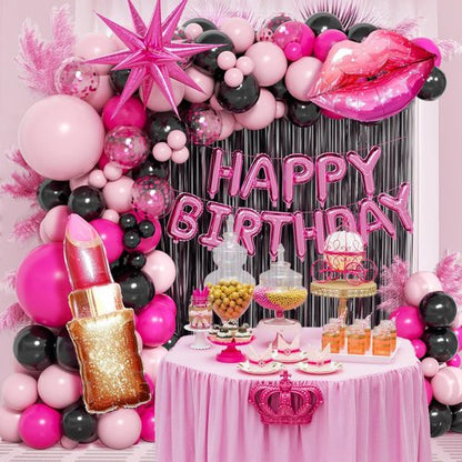 Hot Pink and Black Birthday Decorations with Black Hot Pink Confetti Balloons Happy Birthday Foil Balloons Fringe Curtains for Party Decorations