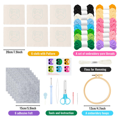 WATINC Frog Punch Needle Coaster Kit - 22Pcs Crafts Punch Needle Coasters Kits for Beginners, Frog Patterns Coaster Tufted Rug Pads with Adhesive Felt Yarns Embroidery Hoop Instruction