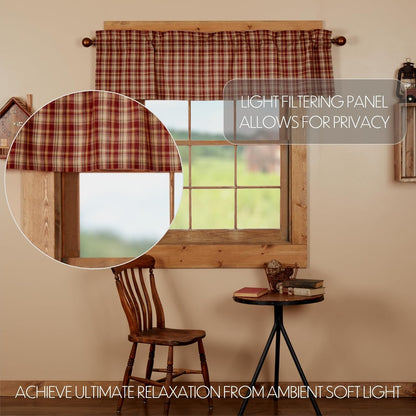 VHC Brands Rustic Thanksgiving Kitchen Curtain, Beckham Plaid Rod Pocket Cotton Valance, 16x60 Inches, Rust Red