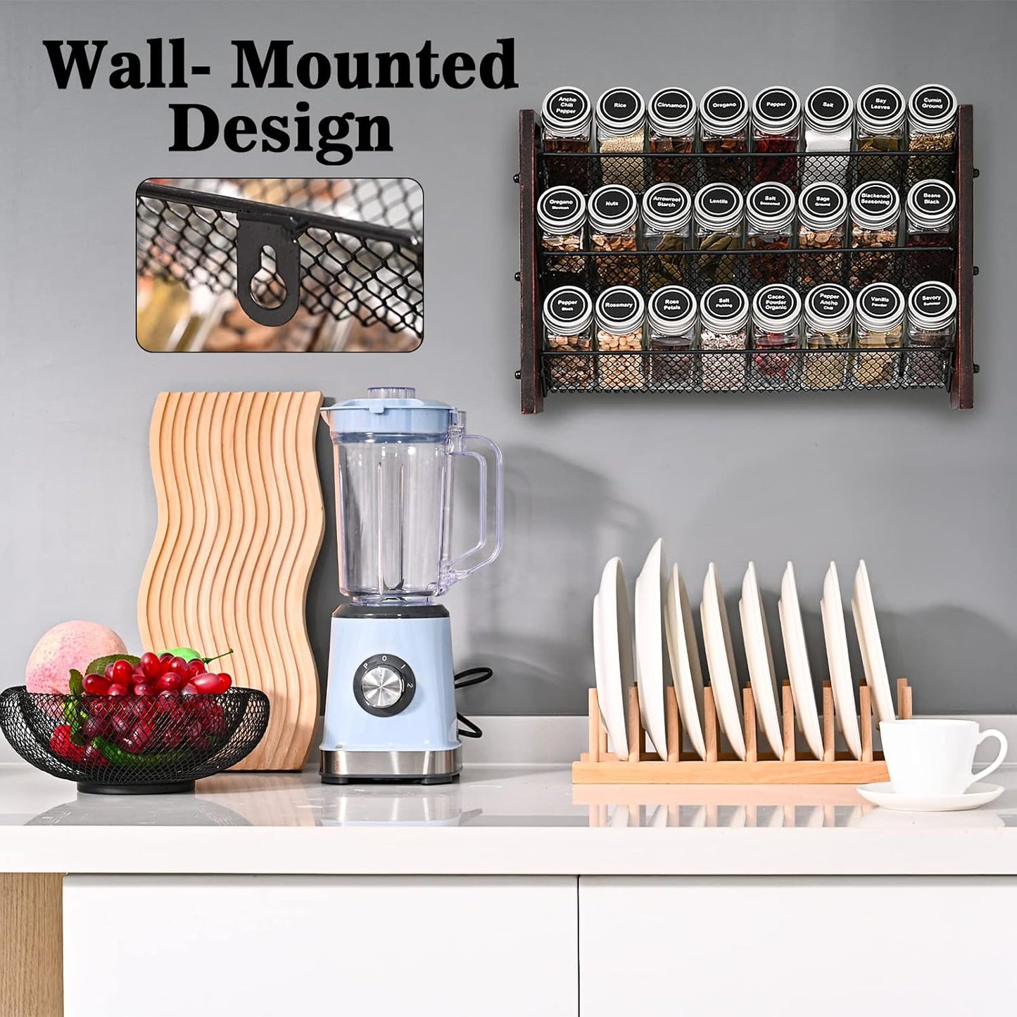 Spice Rack Organizer for Cabinet, Wooden Spice Jar Organizer with 24 Empty Jars and 180 Spice Labels for Kitchen