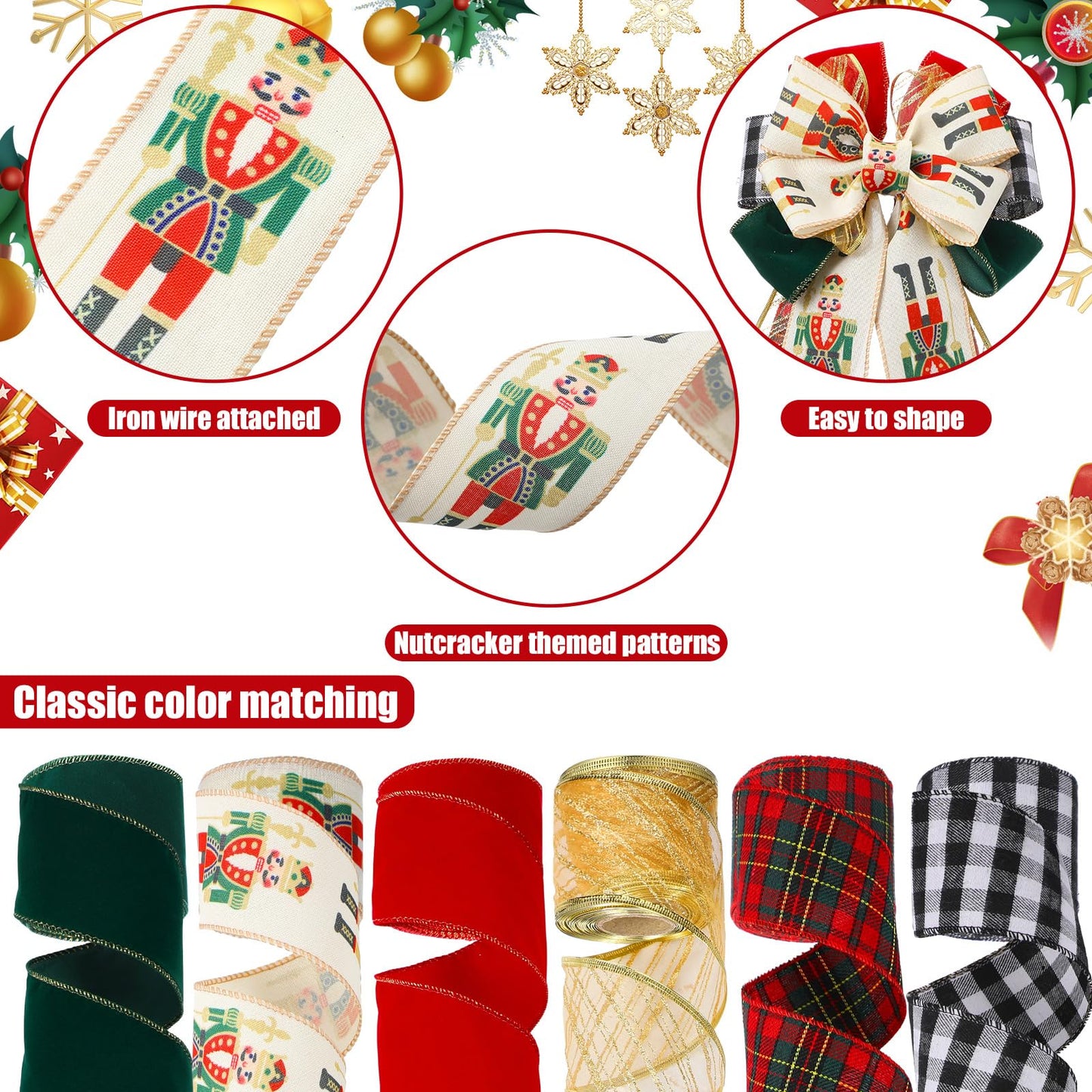 Suncalla 6 Rolls Nutcracker Christmas Ribbon Set 2.5 Inch x 10 Yards Wired Holiday Ribbons for Nutcracker Bows Wreaths Tree Decorations and Gift Wrapping Wide Red Green Gold Plaid Soldier Designs