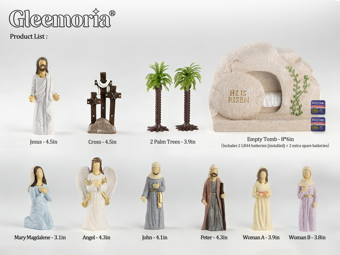 Easter Decorations for Home – 11 Pieces LED Resurrection Scene Set with Empty Tomb & Cross Shaped Resin Table Decor, Jesus Statue Set, Christian Easter Table Decorations & Mantel Decorations