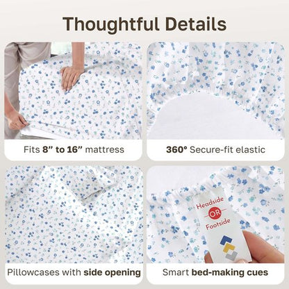 California Design Den Full Size Cotton Sheet Set - 100% Soft Sateen, 400 TC, Deep Pockets, Floral White/Blue