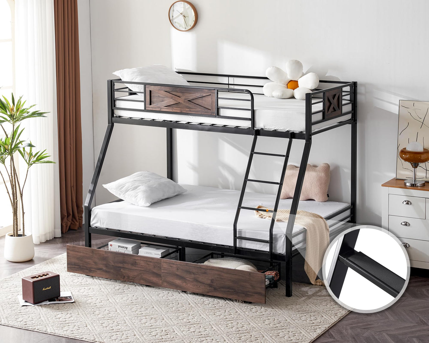 Bonnlo Metal Bunk Bed Twin Over Full with 2 Storage Drawers, Heavy Duty Twin Over Full Bunk Bed for Kids Teens Adults, 13.7-Inch Guardrail, Inclined Ladder, No Box Spring Needed, Black/Brown