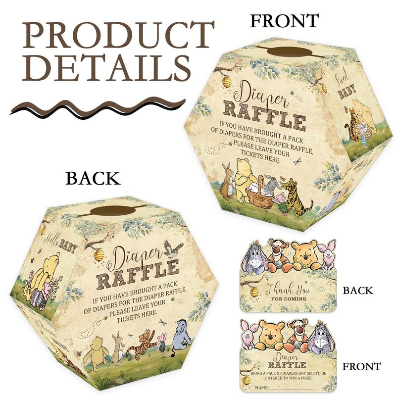 Winnie Baby Shower Diaper Raffle Hexagonal Box, 50 Bear Diaper Raffle Tickets with Box, Classic Baby Shower Game for Girls Boys, Pooh Baby Shower Party Centerpiece, Newborn Party Decoration Supplies