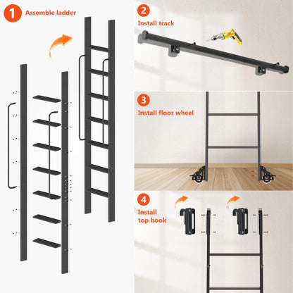 DIYHD 87" Lightweight Sliding Library Ladder with Handrail, Rolling Bookshelf Ladder with 4FT Rail System, Telescopic Top Hook, Upright Space-Saving Storage Design,7 Steps, 300 Pound Capacity, Black