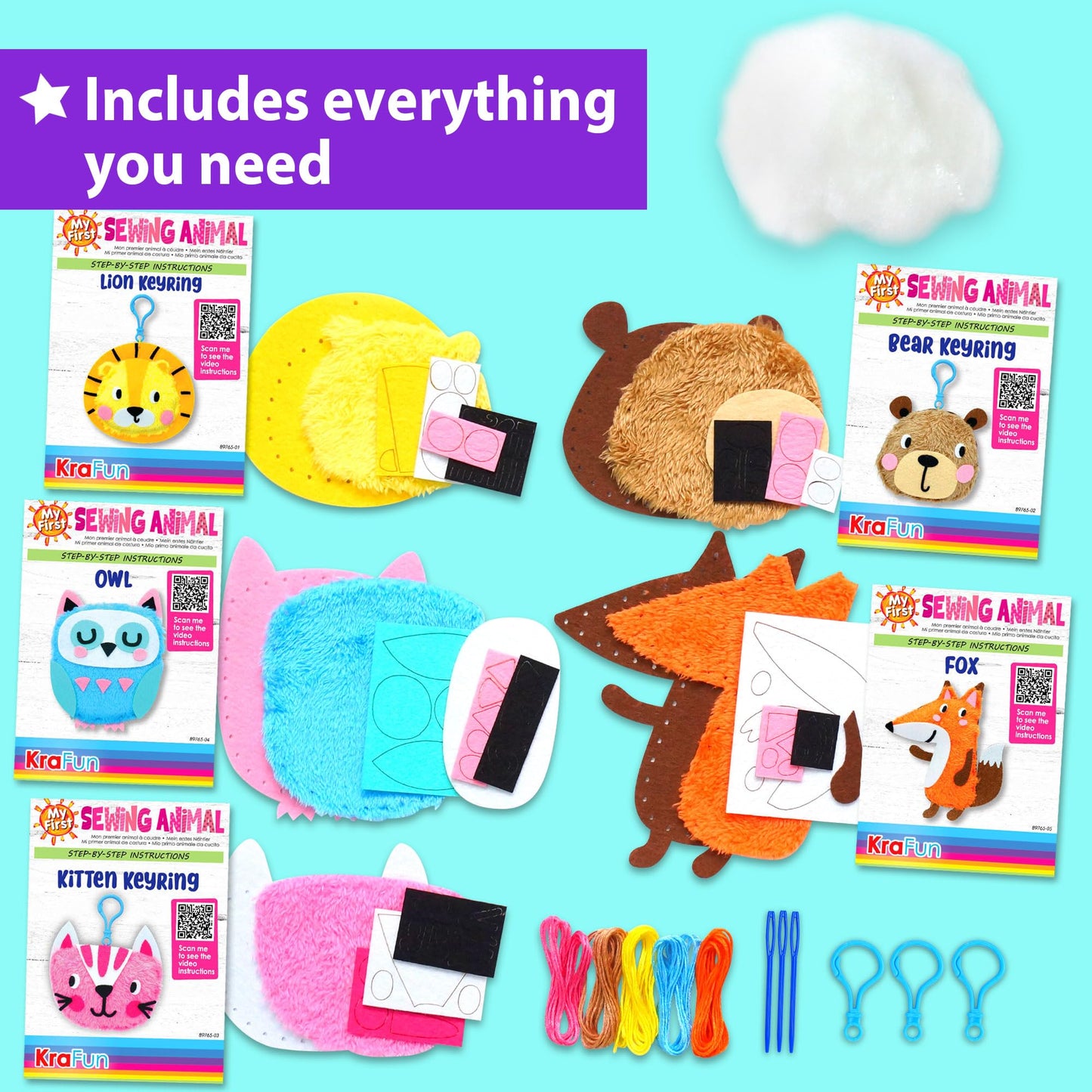 KRAFUN My First Sewing Animal for Kids, Beginner Art & Craft, 5 Easy Activities Stuffed Animal Dolls, Keyring Charms, Instructions & Felt Materials for Learn to Sew, Embroidery