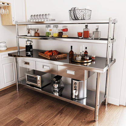 YITAHOME 72"x24" Stainless Steel Work Table with 3 Drawers & Upper Shelf, NSF-Certified Commercial Metal Table with 72"x12" Overshelf, Utility Prep Station