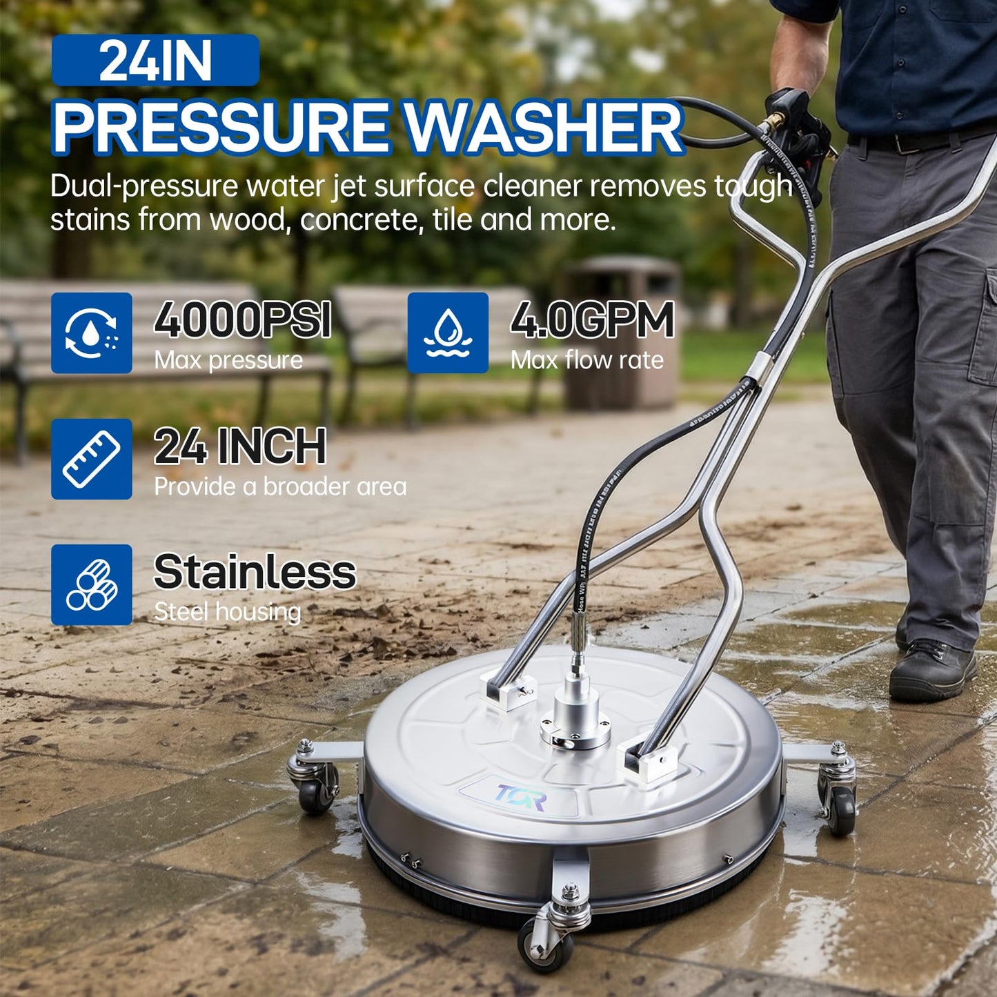 TOR 24" Pressure Washer Surface Cleaner with 4 Wheels, Surface Cleaner for Pressure Washer, Stainless Steel Dual Handle Power Washer Surface Cleaner for Concrete, Driveway, Patio, Sidewalk