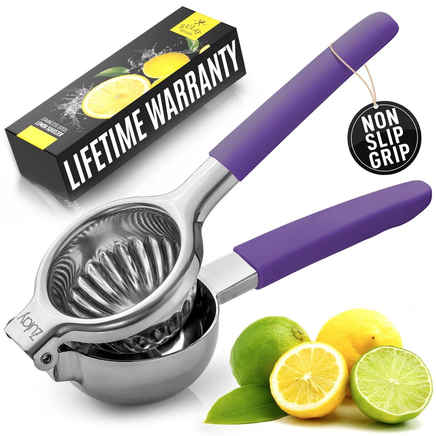 Zulay Lemon Squeezer Stainless Steel with Premium Heavy Duty Solid Metal Squeezer Bowl (Black Grip, Large)
