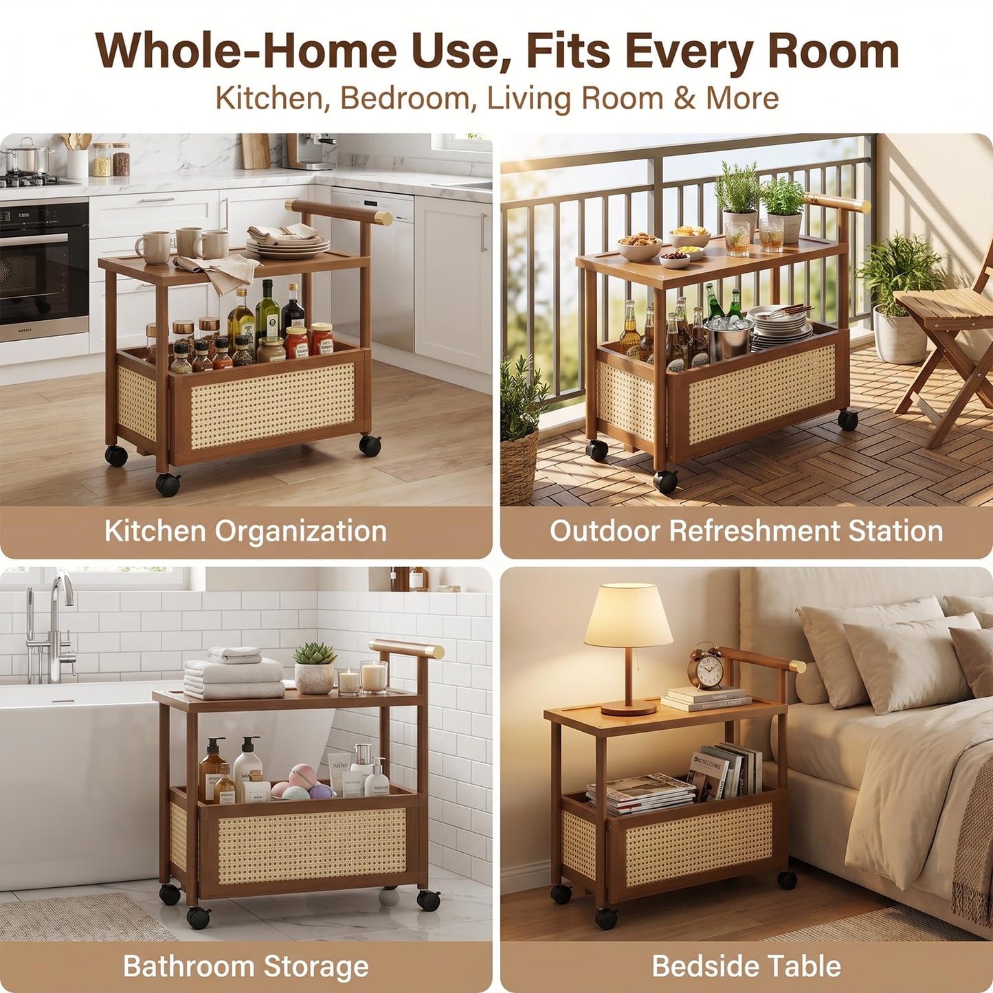 CTESNE【2-Tier Wooden Storage Organizer Shelf】 Bookcase with Wheels & Handle,Storage Shelves for Bathroom, Kitchen, Office, Craft, Makeup