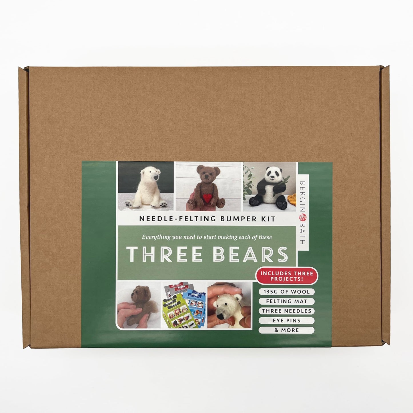 Bergin & Bath Needle Felting Bumper Kit - Three Bears. A Premium Starter kit. Make a Polar Bear, a Panda and a Teddy Bear. Planet-Friendly Wool.