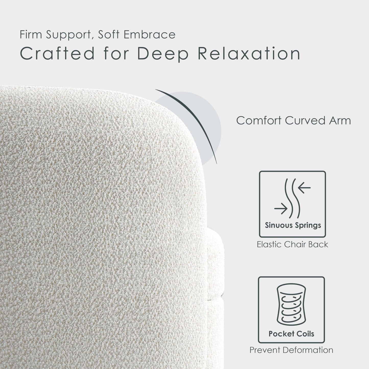 Furniture of America Nimiane Modern Boucle Barrel Chair with Curved Arms and Wooden Legs, Fabric Upholstered Armchair, Comfy Sofa Chair for Living Room, Bedroom, Home Office, Off-White