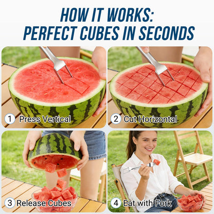 Watermelon Fork Slicer Cutter, 2-in-1 Stainless Steel Watermelon Slicer & Fruit Fork, Summer Kitchen Gadget for BBQ Parties, Camping & RV Adventures