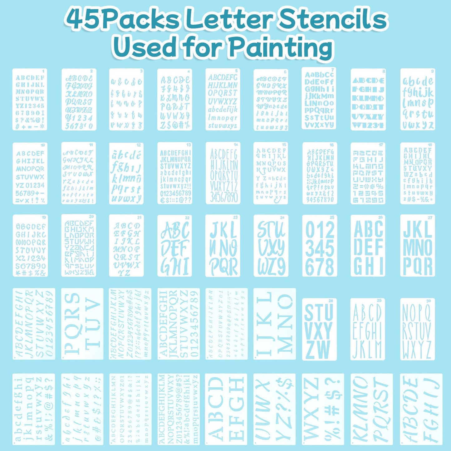 1/3, 1/2, 3/4, 1, 2 Inch Letter Stencils for Painting, 45 Pcs Reusable Plastic Alphabet and Number Symbols Stencils for ournal Notebook, Diary, Scrapbook Decor Supplies Crafts Art Projects