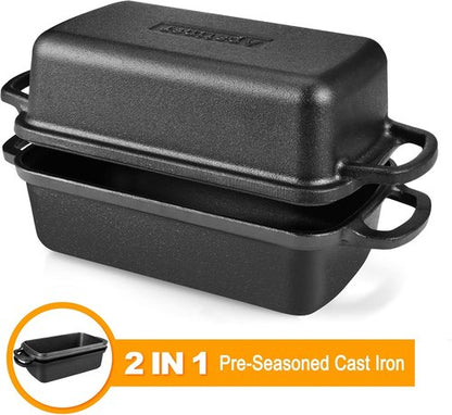 Cast Iron Bread Pan with Lid by [Brand Name] - 2-in-1 Loaf Bakeware for Sourdough & Sandwich Bread - 9x5 Inch Heavy Duty Design