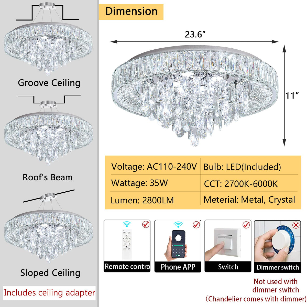 dolria 23.6" Modern Crystal Chandeliers LED Dimmable Flush Mount Ceiling Chandeliers for Living Room Entrance Foyer Bedroom Silver