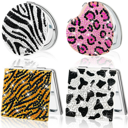 FILASLFT Diamond Painting Compact Mirror Crystal Makeup Mirror DIY Diamond Art Mirror Pocket Mirror Portable 4 Pcs Christmas Birthday Gifts for Women Girls(Animal)